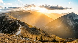 mountains, dawn, path, sunlight, path