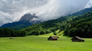 mountains, plain, houses, clouds, smoke, sky - wallpapers, picture