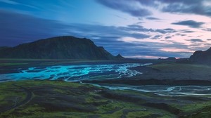 mountains, river, valley, landscape, iceland