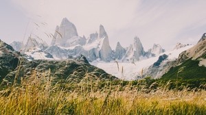 montañas, río, hierba, paisaje, cordillera