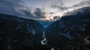 mountains, river, fog, cloudy - wallpapers, picture