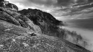 mountains, rocks, trees, fog, black and white