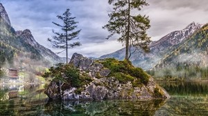 mountains, rocks, lake, hintersee, ramsau bei berchtesgaden, germany - wallpapers, picture