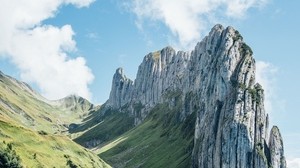 mountains, rocks, gorge, slope, greens