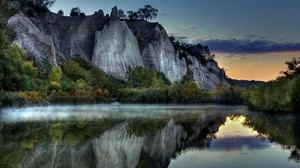 山、岩、水面、夕方、沈黙