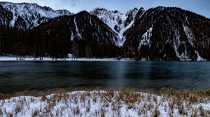 mountains, snow, shore, winter - wallpapers, picture