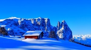 mountains, snow, hut, peak, winter