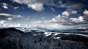 mountains, snow, sky, top