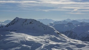 mountains, snow, landscape, the sun, tracks, ski