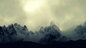 mountains, snow, fog, sky - wallpapers, picture