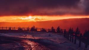 mountains, snow, sunset, fence, winter