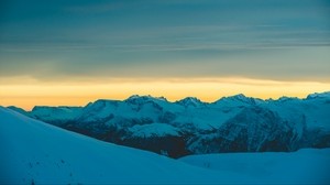 montañas, nieve, puesta de sol, horizonte, cielo, nevado