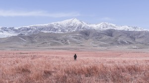 mountains, steppe, man, loneliness, landscape - wallpapers, picture