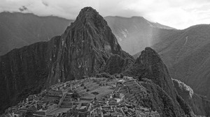 mountains, structure, ruins, black and white (bw)