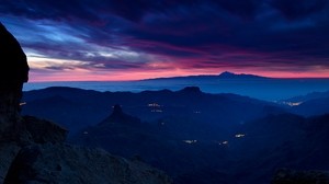 mountains, dusk, sky, clouds, lights, distance, darkness - wallpapers, picture
