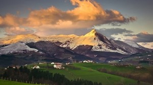 mountains, from above, arc, fields, green, trees, clouds, sky, trails