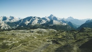 mountains, grass, peak, sky