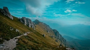 mountains, path, rocks, stones, peak, sky, grass - wallpapers, picture