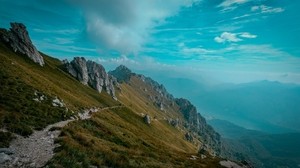 mountains, path, rocks, stones, peak, sky, grass