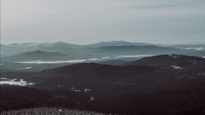 mountains, fog, trees, sky, horizon, distance