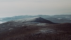 mountains, fog, trees, snowy, sky