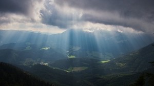mountains, fog, valley, alps, trees - wallpapers, picture
