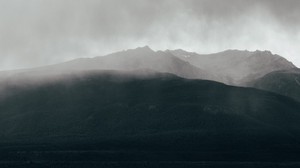 mountains, fog, sky, horizon, clouds