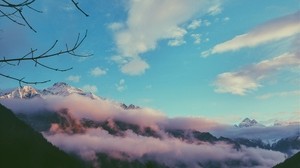 mountains, fog, sky, top