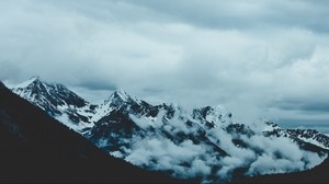 mountains, fog, sky, peaks, snowy