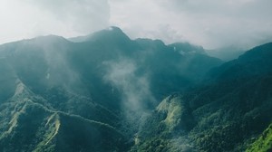 mountains, fog, clouds, trees, top view