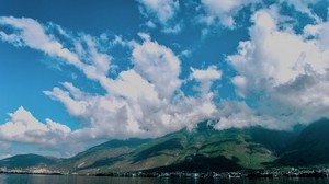 mountains, fog, lake