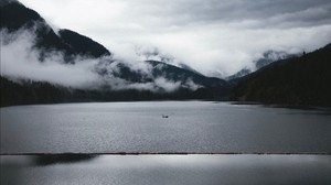 mountains, fog, lake, water, black and white (bw)
