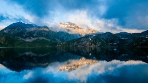 mountains, fog, lake, sky - wallpapers, picture