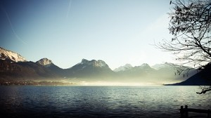 mountains, fog, lake, branches, silence - wallpapers, picture