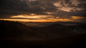 mountains, fog, dusk, sunset, clouds, top view