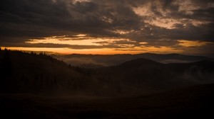 montañas, niebla, anochecer, puesta de sol, nubes, vista superior