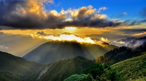 berge, nebel, wolken, sonne, strahlen, morgen