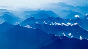 mountains, fog, top view, clouds, sky, blue - wallpapers, picture