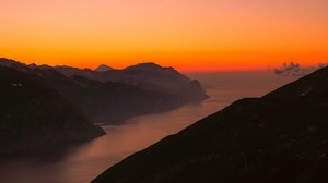 mountains, fog, sunset, lake, Italy
