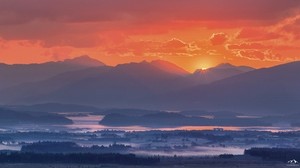 Berge, Nebel, Sonnenuntergang, Loch Lomond, Schottland