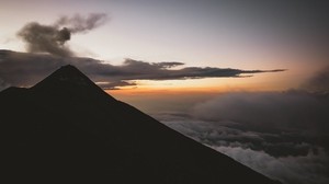 mountains, fog, sunset, sky