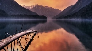 mountains, evening, lake, water, fog, tree, debris - wallpapers, picture
