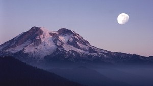 mountains, peak, moon, snow, clouds, height