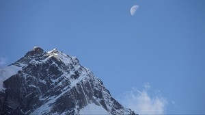 mountains, peak, sky, moon, snow