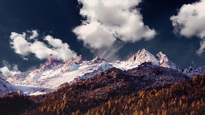mountains, peak, clouds, hills, trees
