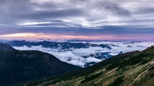 mountains, peak, clouds, sunset, sky, porous - wallpapers, picture