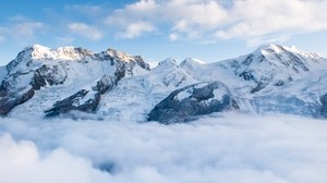 mountains, peak, snow, clouds