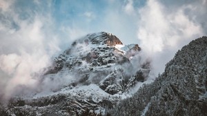 mountains, peak, fog, clouds - wallpapers, picture