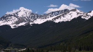 mountains, peaks, trees, sky