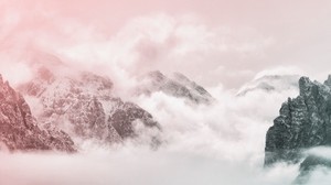 mountains, peaks, sky, clouds, fog, pink